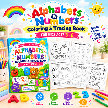 Alphabets & Numbers Coloring & Tracing Book for Kids Ages 3–6