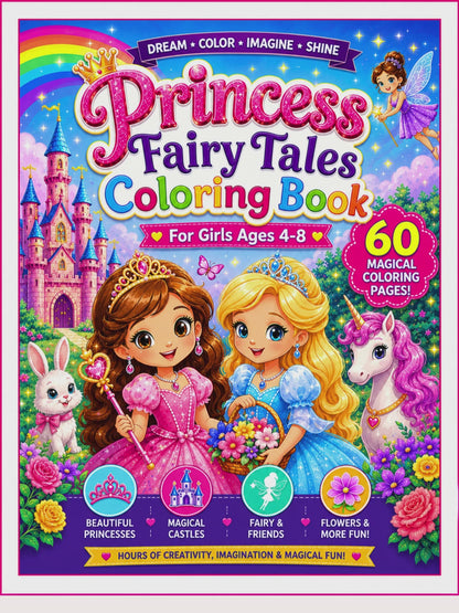 Princess Fairy Tales Coloring Book for Girls 4–8 | 60 Pages